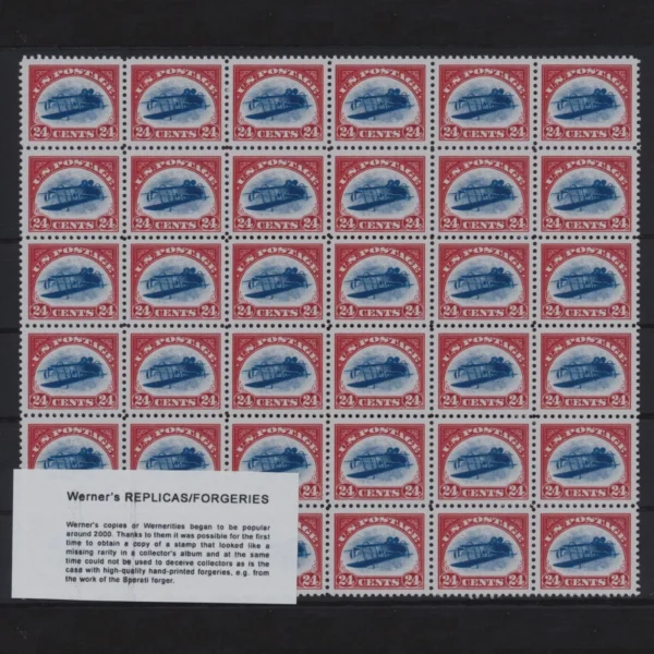 36-block (Sheet) of Werner's REPLICA - USA 1918 - 24-cent airmail , Inverted Jenny